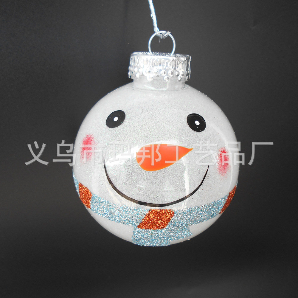 8cmPET内撒粉透明圣诞球 雪人造型彩绘圣诞球 环保圣诞节装饰球