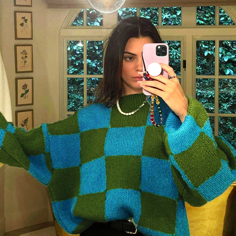 ins欧美风2021秋冬新款女装时尚圆领长袖撞色针织衫宽松毛衣女