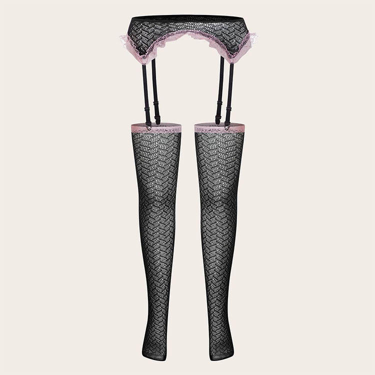 大码情趣性感黑丝袜网眼蕾丝花边吊袜带一体式连裤袜 7032