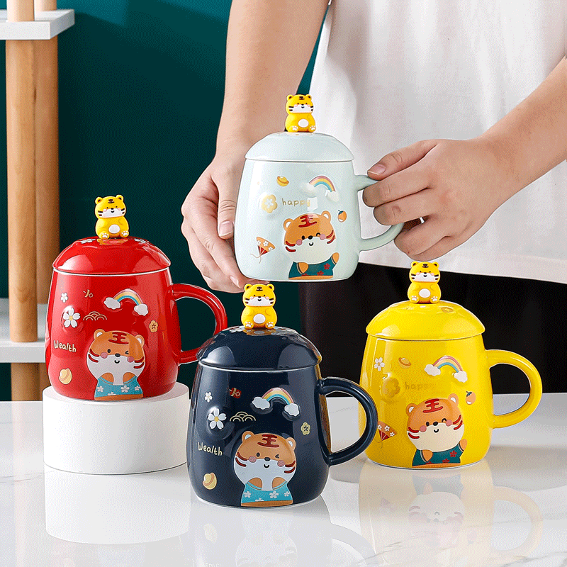 Color Glaze Ceramic Cup Cute Cartoon Three-Dimensional Tiger Mug with Lid Office Coffee Cup Gift Wholesale