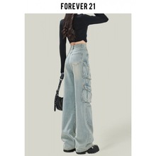 Forever 21美式高街多口袋工装牛仔裤女春款设计感高腰阔腿直筒裤