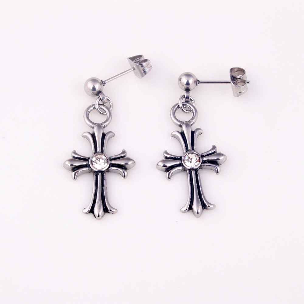 韩版明星个性十字架镶钻钛钢男耳钉耳环淘宝跨境简约嘻哈耳饰货源