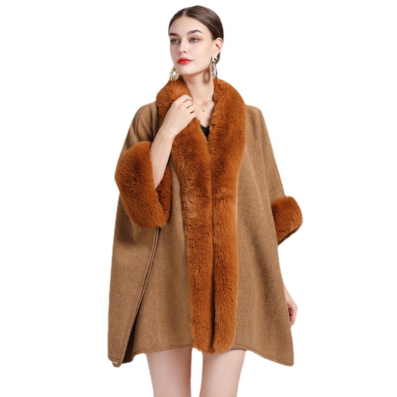 881# European and American Autumn and Winter New Imitation Rex Rabbit Fur Collar Shawl Cape Oversized Knitted Cardigan Woolen Coat for Women