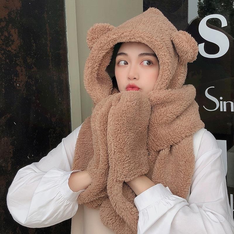 大人帽子女三件套冬季一体围巾连体带围脖成人口罩韩版连手套骑车