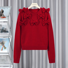 24春季新款红色蝴蝶结羊毛针织长袖毛衣活力浪漫靓丽气质舒适减龄