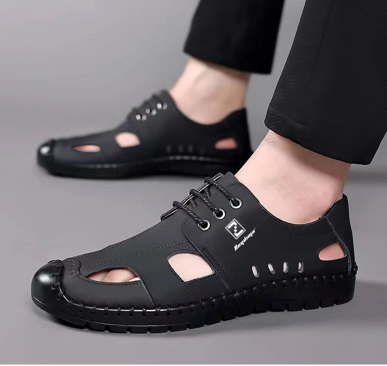 Foreign Trade 2023 Summer New Men's Sandals Breathable Hollow Hole Shoes Casual All-Match Leather Deodorant Shoes Men