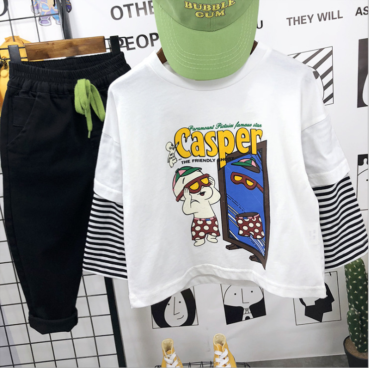 童装批发2020春季棉类caspert恤男宝宝印花长袖上衣拼接条纹衣服