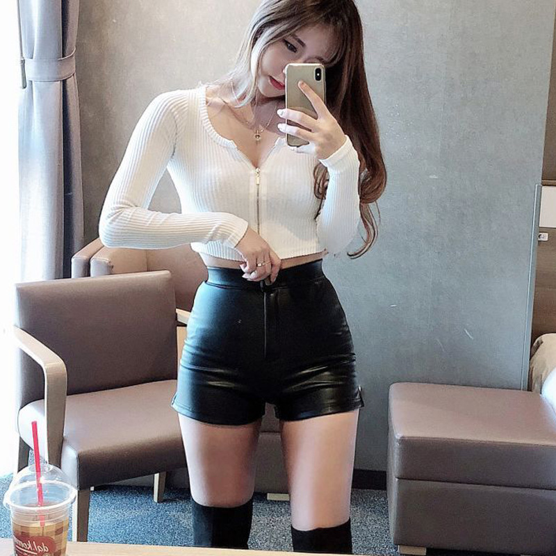 809#黑色皮短裤女秋冬高腰包臀pu皮打底弹力紧身性感热裤超短皮裤