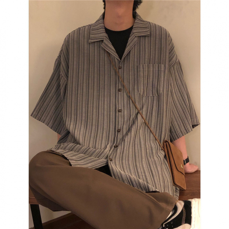 夏季新款日系复古格子短袖衬衫男设计感小众宽松百搭衬衣潮