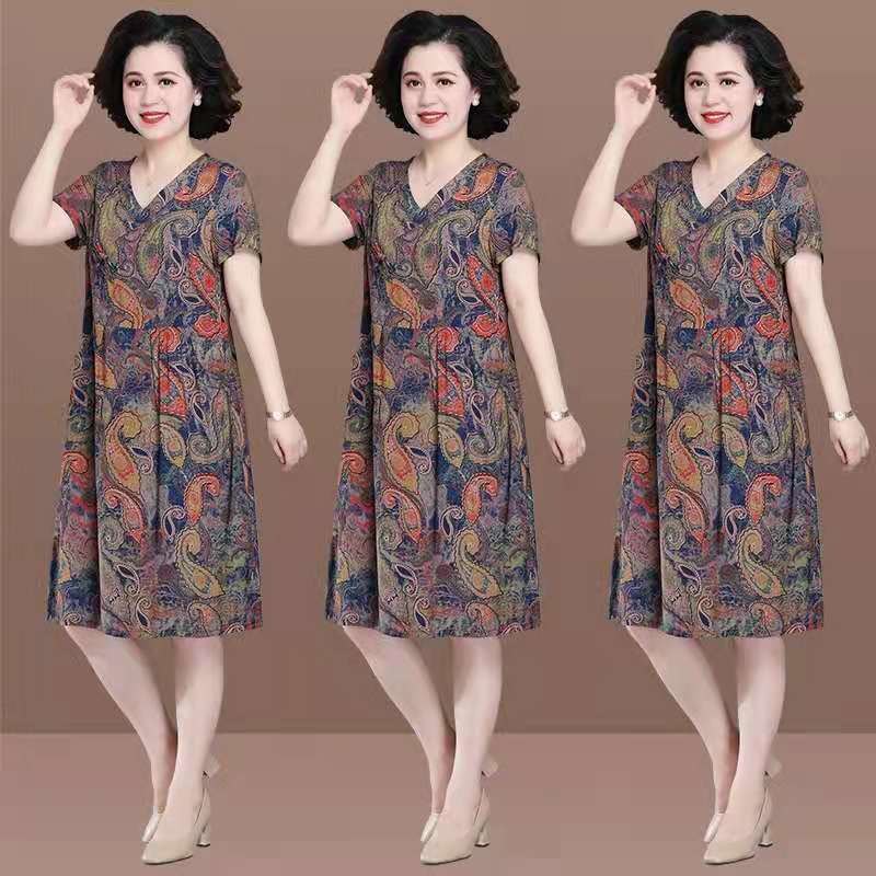 妈妈夏装棉绸裙大码2021新款中老年人连衣裙女洋气奶奶装直筒裙子