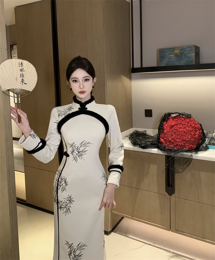 实拍实价 国风改良立领竹叶印花长袖旗袍连衣裙中长款-阿里巴巴
