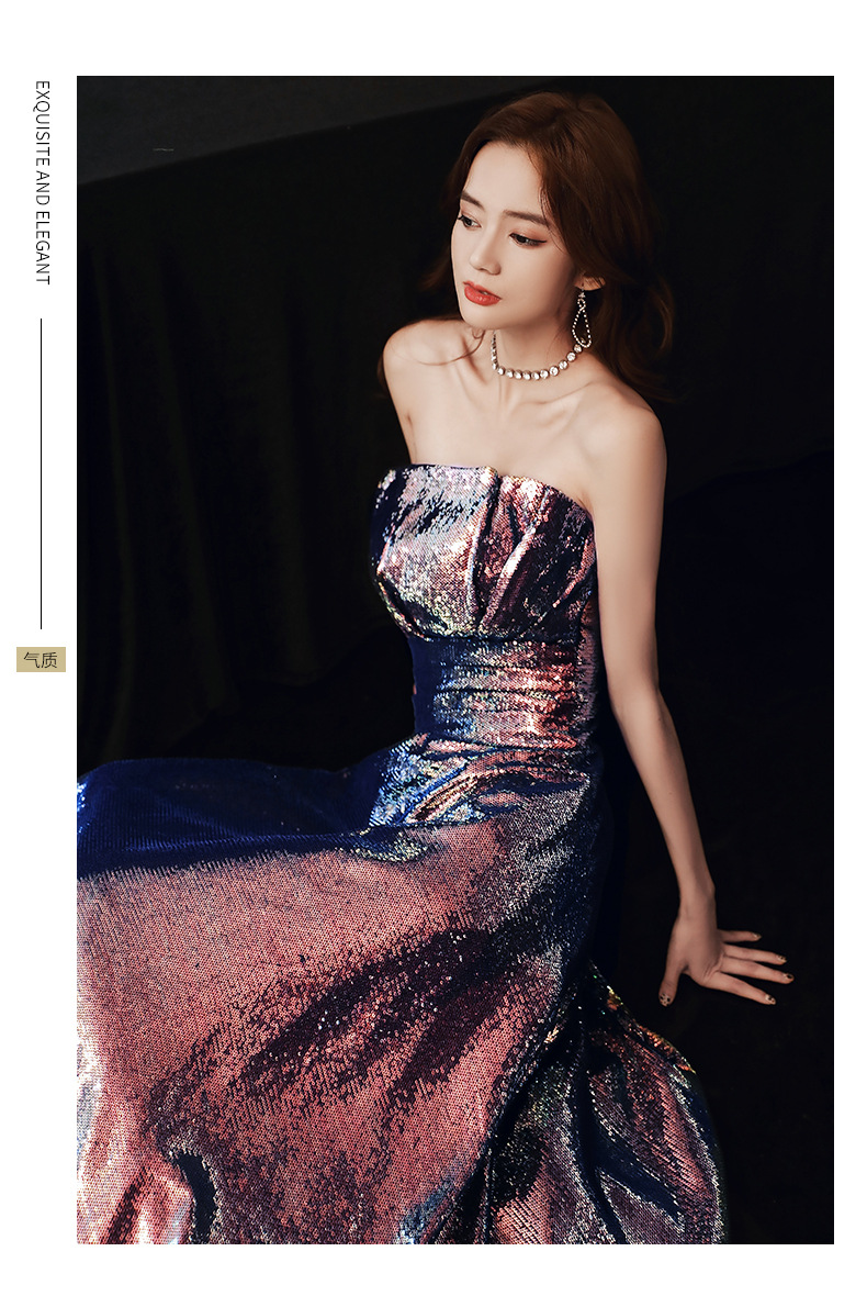 紫色主持人星空敬酒服抹胸赫本风模特走秀亮片年会18岁成年晚礼服