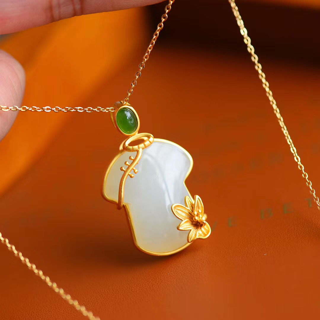 天然古法金s925银吊坠旗袍款式古典民族风中国风项白玉坠项链