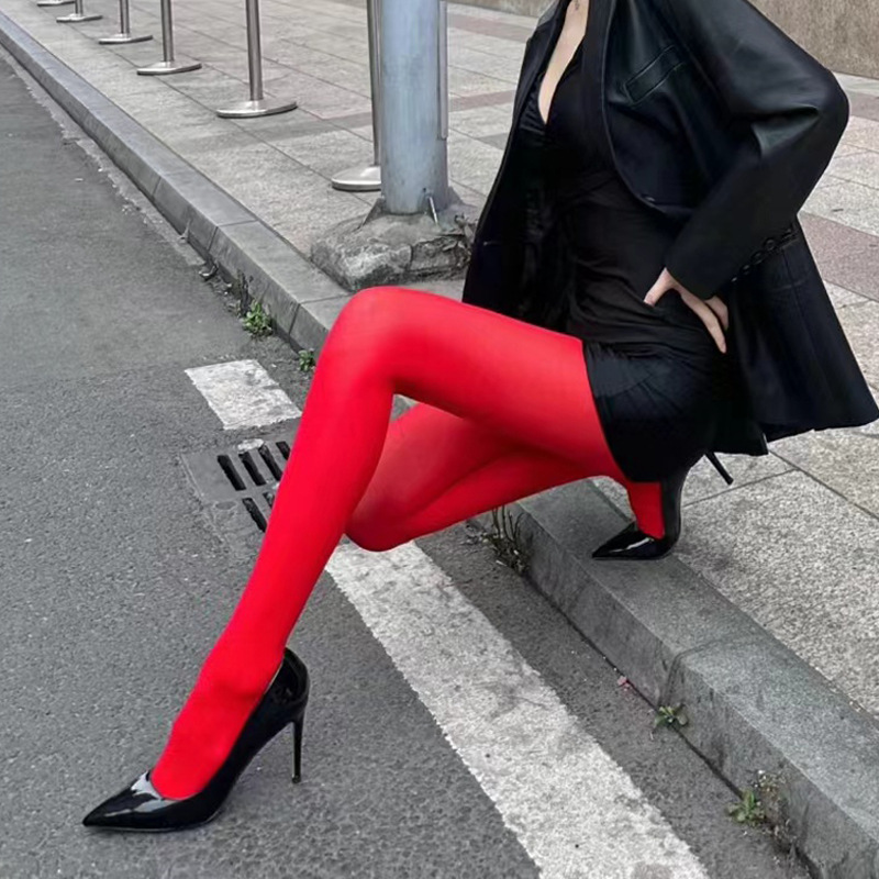 夏季超薄jk红色丝袜女性感透肉哑光天鹅绒连裤袜纯色不透肉中厚