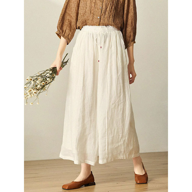 gjcp双层飘逸 轻薄苎麻纯色阔腿裙裤 宽松休闲垂感9分/长裤子女