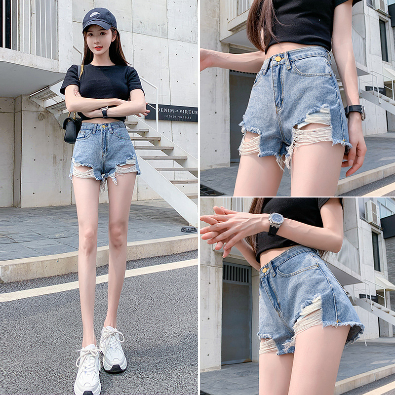 破洞牛仔短裤女年新款夏季宽松高腰外穿网红a字超短热裤潮ins