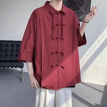 酒红色新中式国风亚麻衬衫男装改良汉服外套夏季棉麻七分短袖衬衣