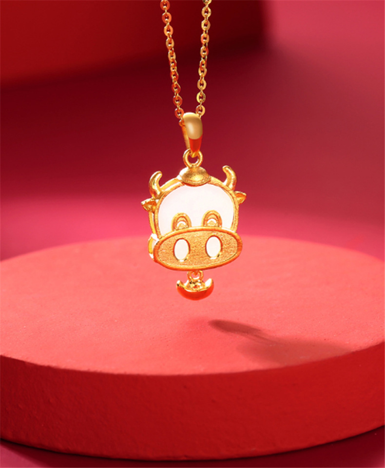 心释爱牛运当头s925银和田玉萌牛项链元宝女式金色招财吊坠锁骨链
