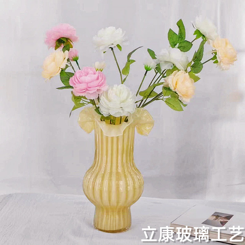 Factory Direct Sales Mid-Ancient Pleated Glass Vase Decorative Ornament Living Room and Hotel Wedding Senior Sense Fenton Flower Container