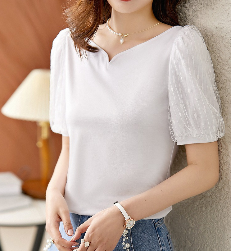 2024夏季新款桃心领套头蕾丝拼接短袖T恤女韩版通勤设计感上衣