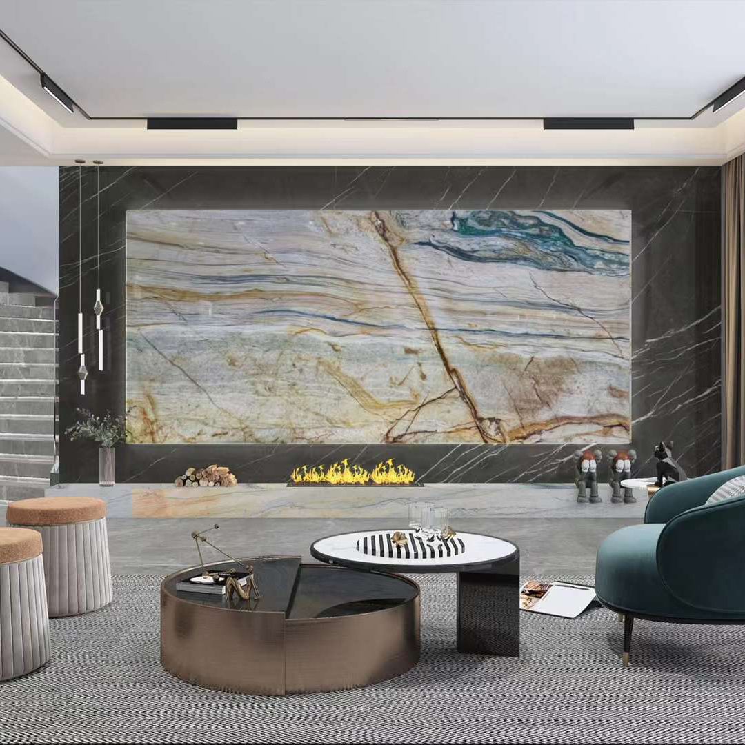 壁画大理石黄色奢石 天然石材背景墙山水意境玄关屏风背景桌面