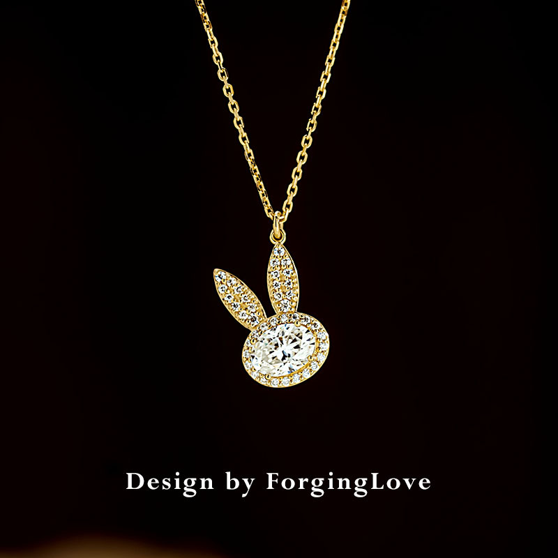 纯18k金兔子头项链女莫桑排钻满镶生肖一体链黄金珠宝首饰 12654