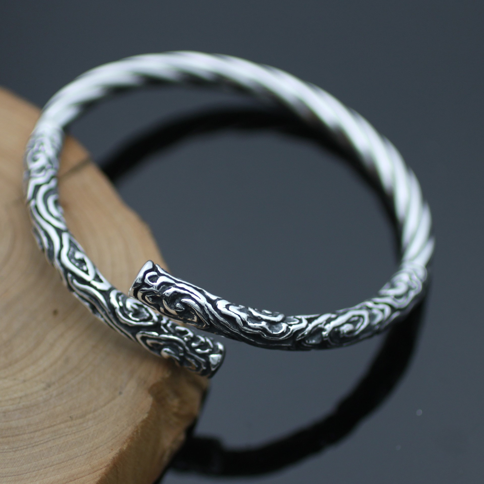 复古时尚s999足银 齐天大圣金箍棒麻花银手镯开口男女款情侣款