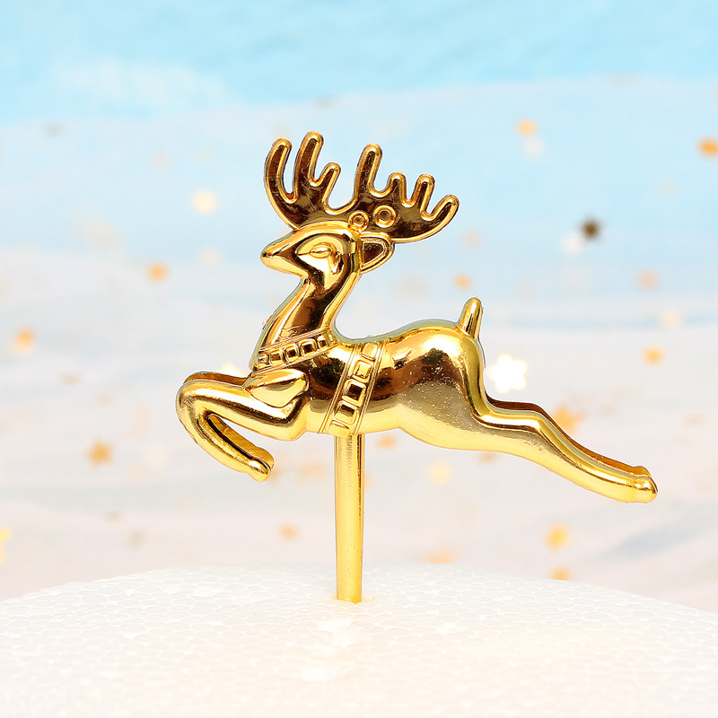 圣诞节金色小鹿蛋糕装饰插牌小金鹿圣诞老人雪人小树蛋糕装饰摆件