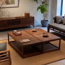 新中式全实木长方形小茶几简约式黑胡桃木实木桌茶台组合客厅家用