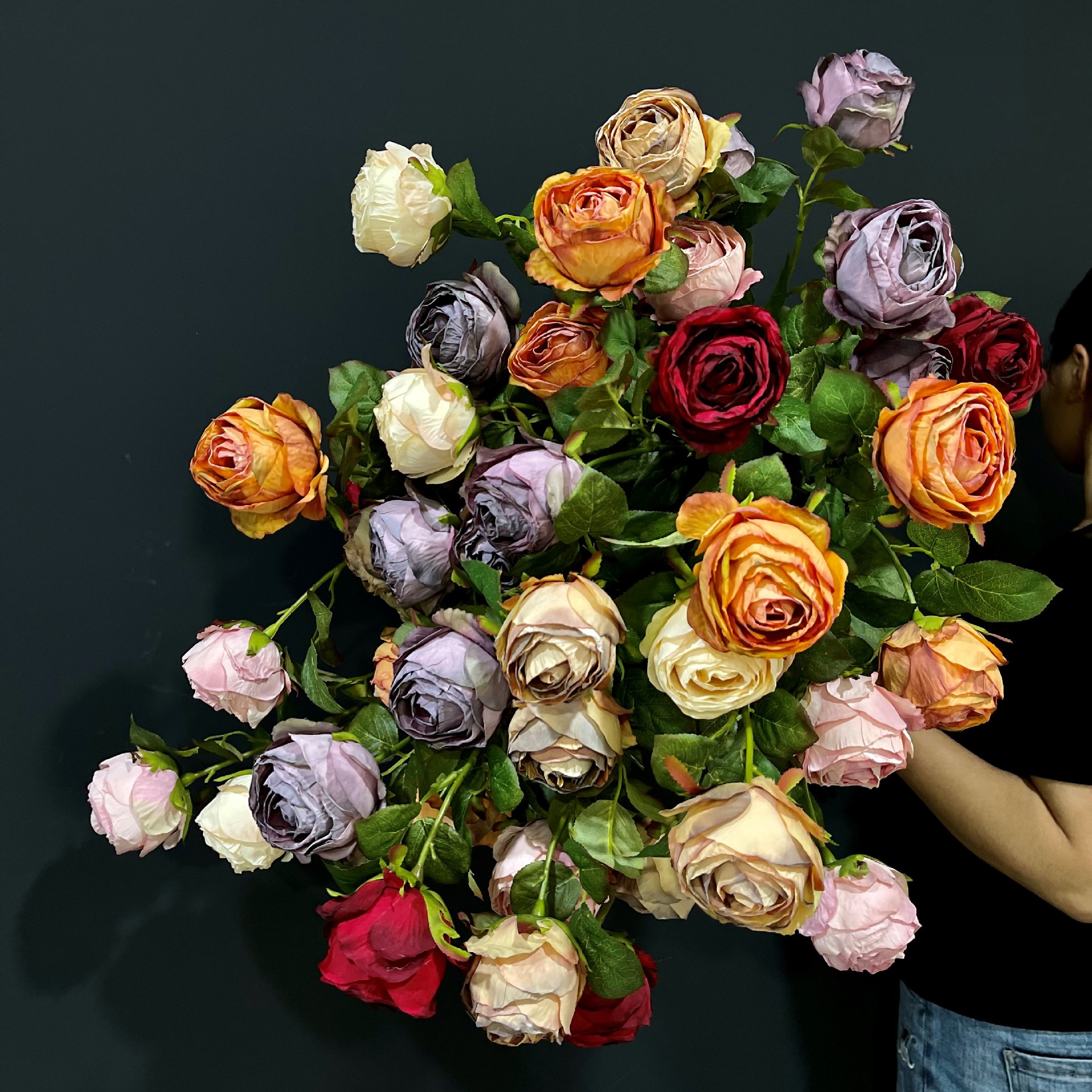 仿真玫瑰 复古烤边焦边单支玫瑰花 欧式油画蔷薇花婚庆婚礼仿真花