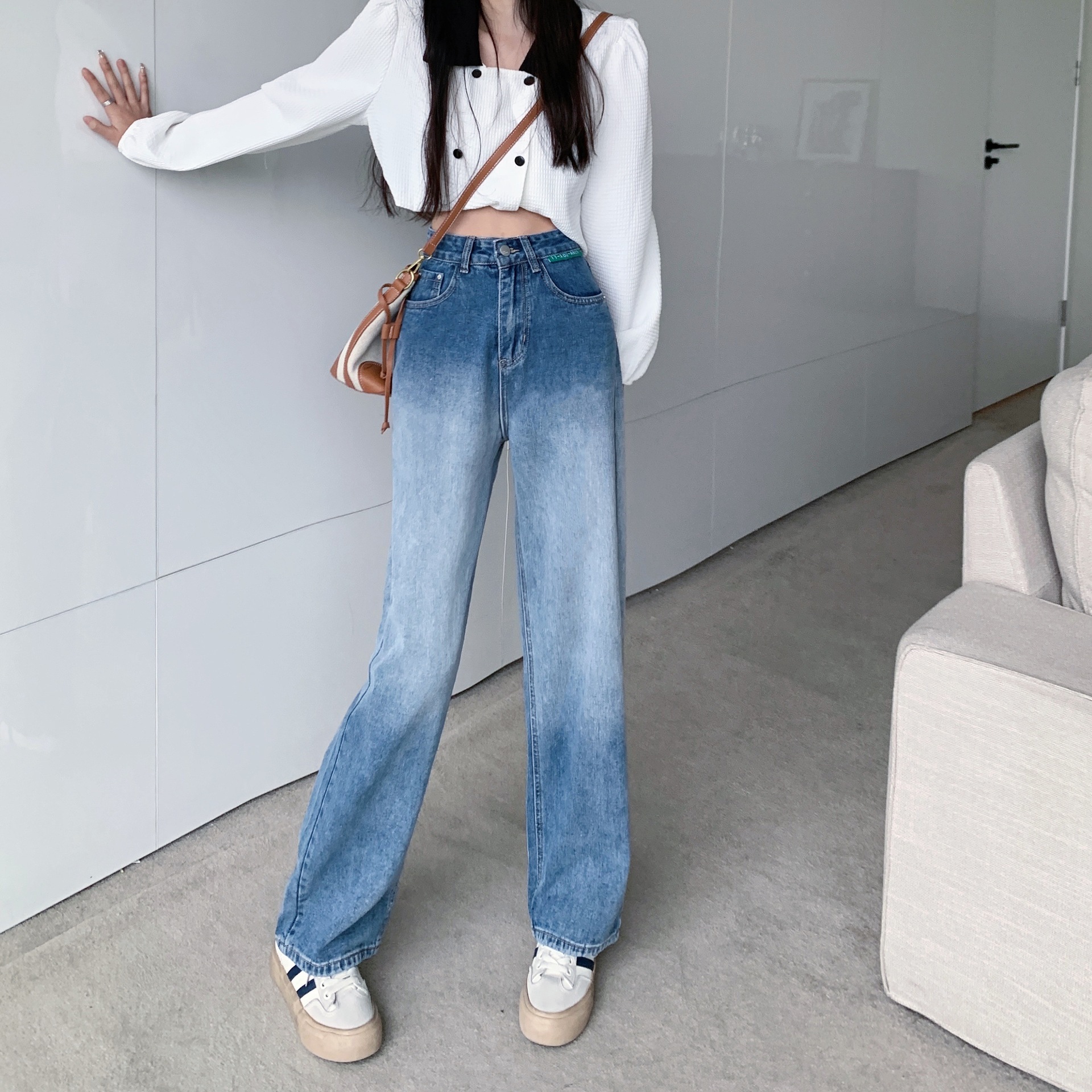 复古水洗牛仔裤女2022春季新款渐变色高腰显瘦阔腿裤直筒拖地长裤