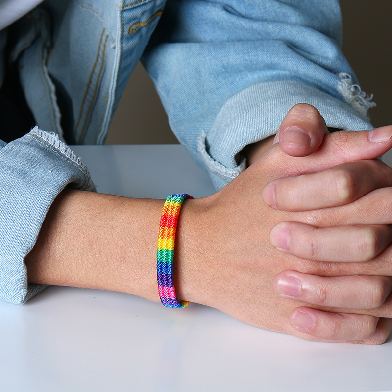 彩虹编织手绳 七彩色 打结手链尼泊尔友谊同性恋彩色绳编织可调节