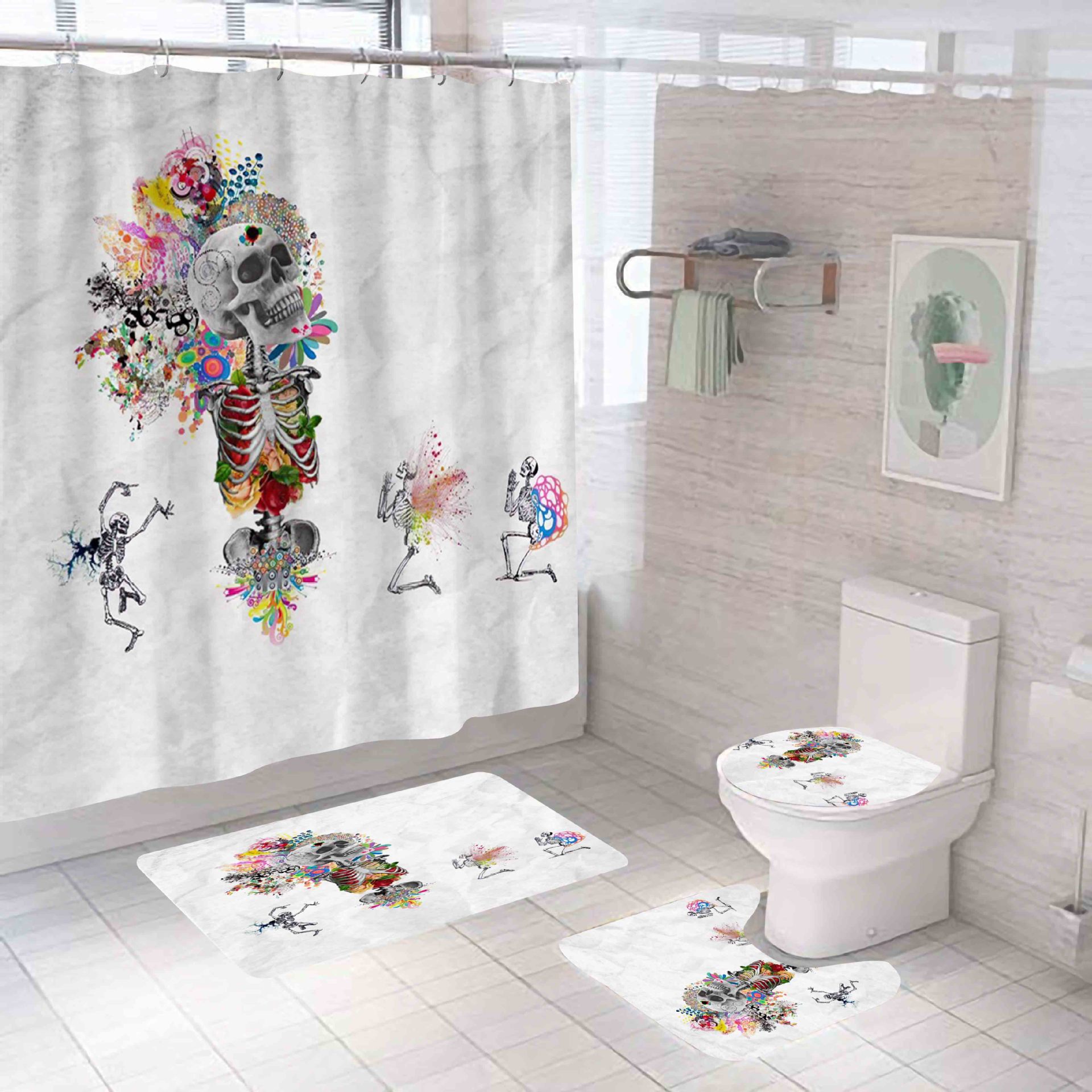 New Hot Halloween Skull Series Mildew-Proof Waterproof Polyester Bathroom Shower Curtain Four-Piece Factory Direct Sales