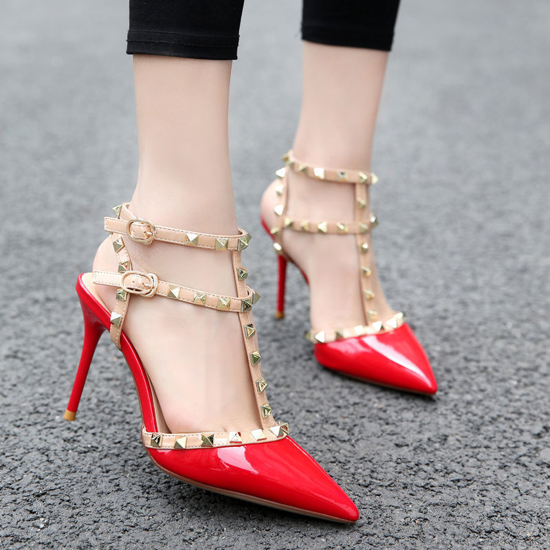 包头凉鞋高跟鞋女细跟凉鞋欧美铆钉单鞋一字扣绑带尖头高跟女鞋