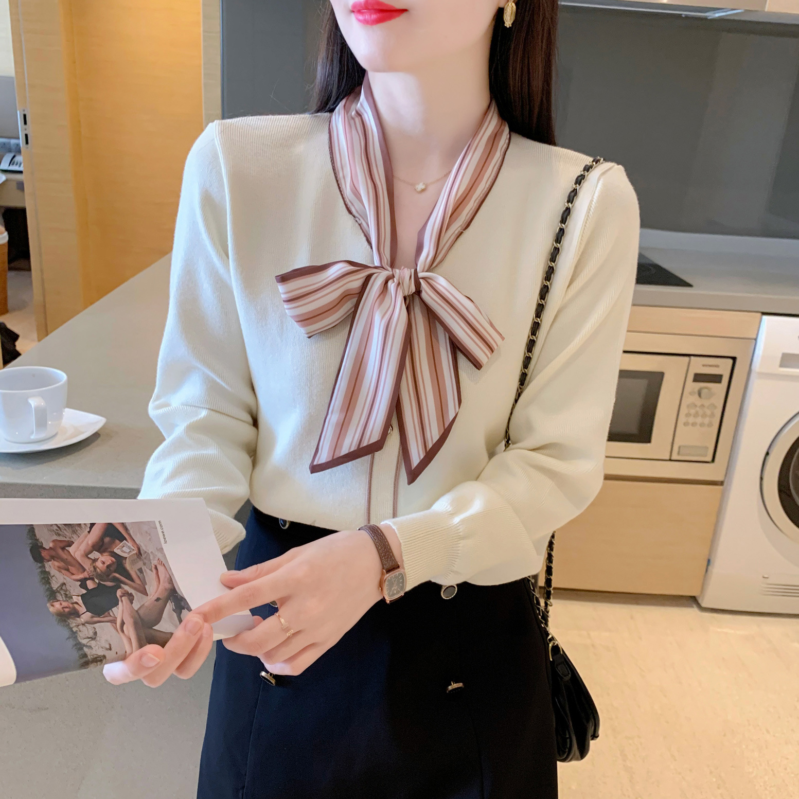 蝴蝶结长袖针织衫女2022秋冬新款小香风洋气小衫长袖上衣打底衫