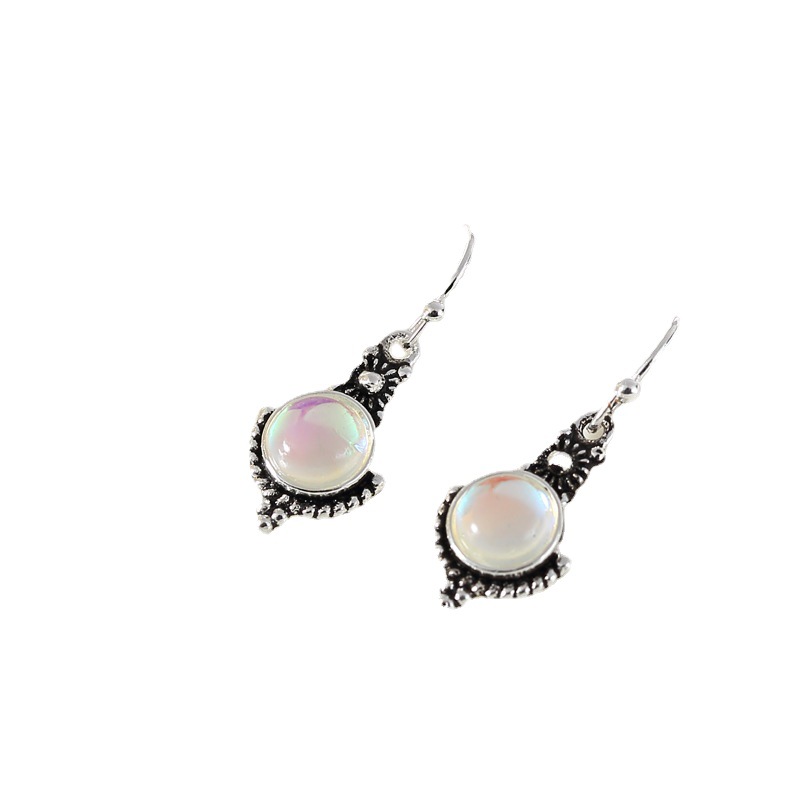 Wish Hot Sale New Moonstone Vintage Earrings European and American Fashion Imitation Thai Silver Colorful Gem Ear Hook Jewelry