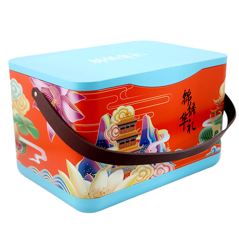 双层春节食品包装铁盒设计 手提年货铁罐 长方形糕点食品铁盒包装