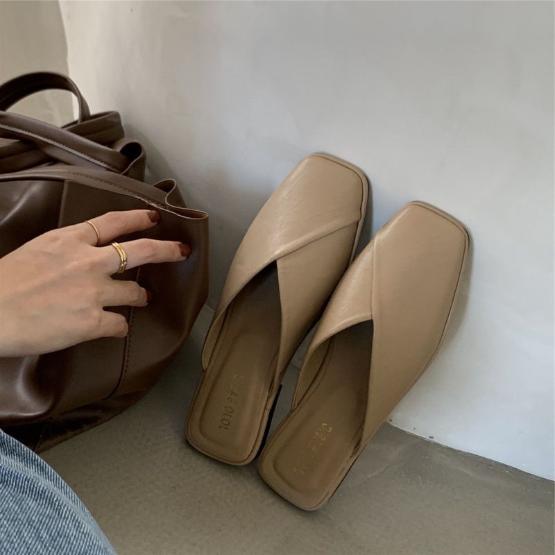 Women's Flat Half-Pack Sandals Summer Thin French Minority Toe Cap Semi Slipper Square Toe Sandals Soft Bottom Muller Shoes