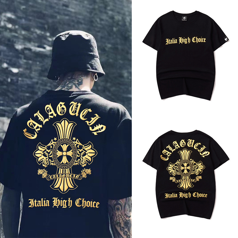 tedman烫金纯棉十字架梵文休闲短袖男女半截袖宽松t恤半袖上衣潮