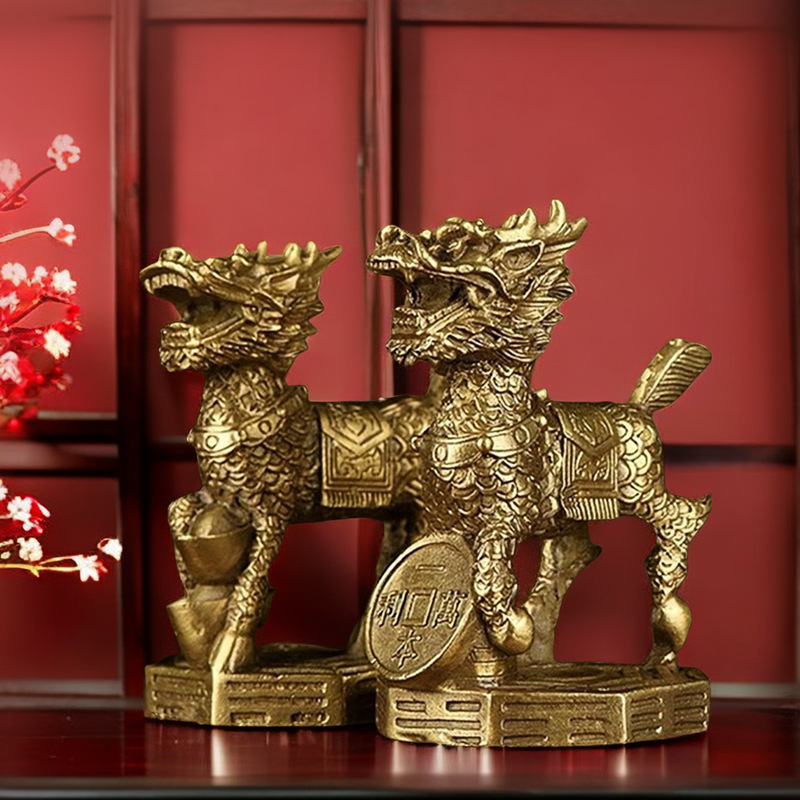 纯黄铜八卦麒麟摆件一对中式装饰办公室公司抽屉桌面风水工艺品