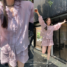 紫色天丝防晒衬衫短裙套装女夏季新款灯笼袖薄款两件套