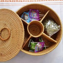 越南手工批发编织秋藤多格零食筐年货盘多种功能糖果带盖分隔篮筐