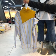 韩国东大门2024春季新款条纹拼接假两件衬衫女时尚露肩半高领上衣