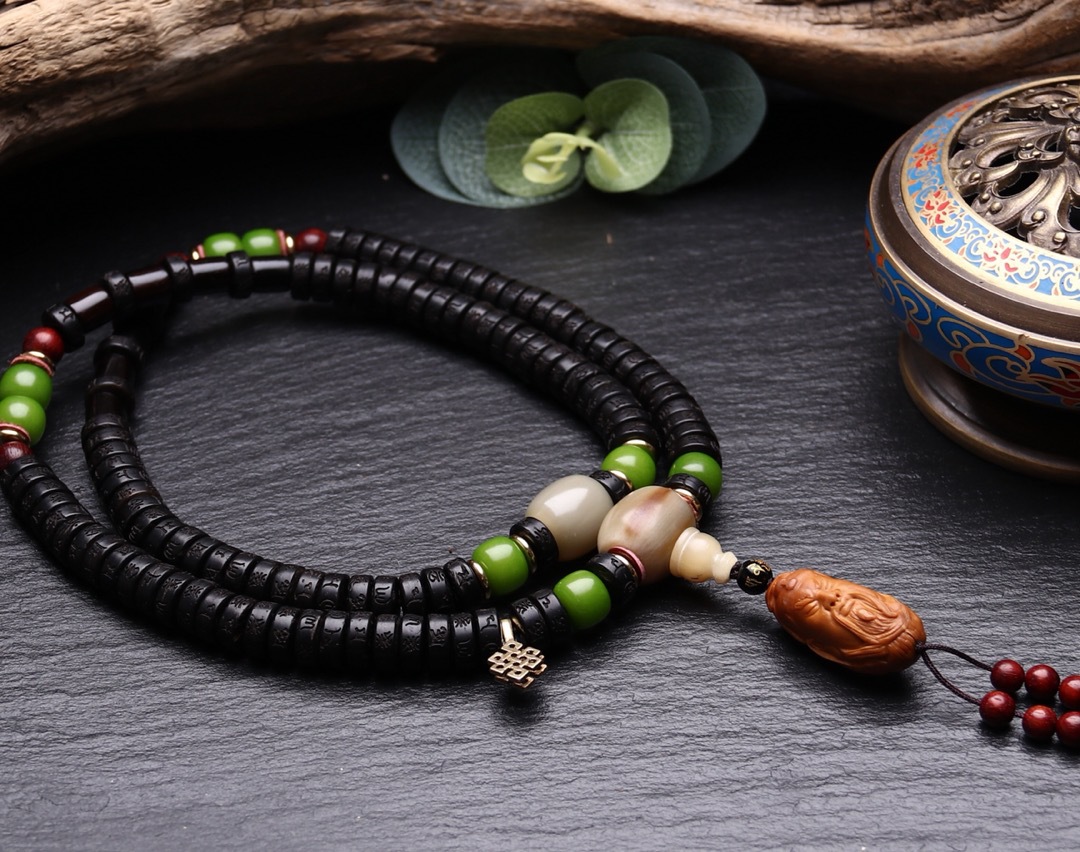 新品天然椰壳椰蒂六字真言108颗佛珠手链手串创意diy手持项链饰品