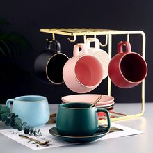 欧式马卡龙色陶瓷描金咖啡杯家用咖啡杯厅情侣水杯早餐杯配杯架