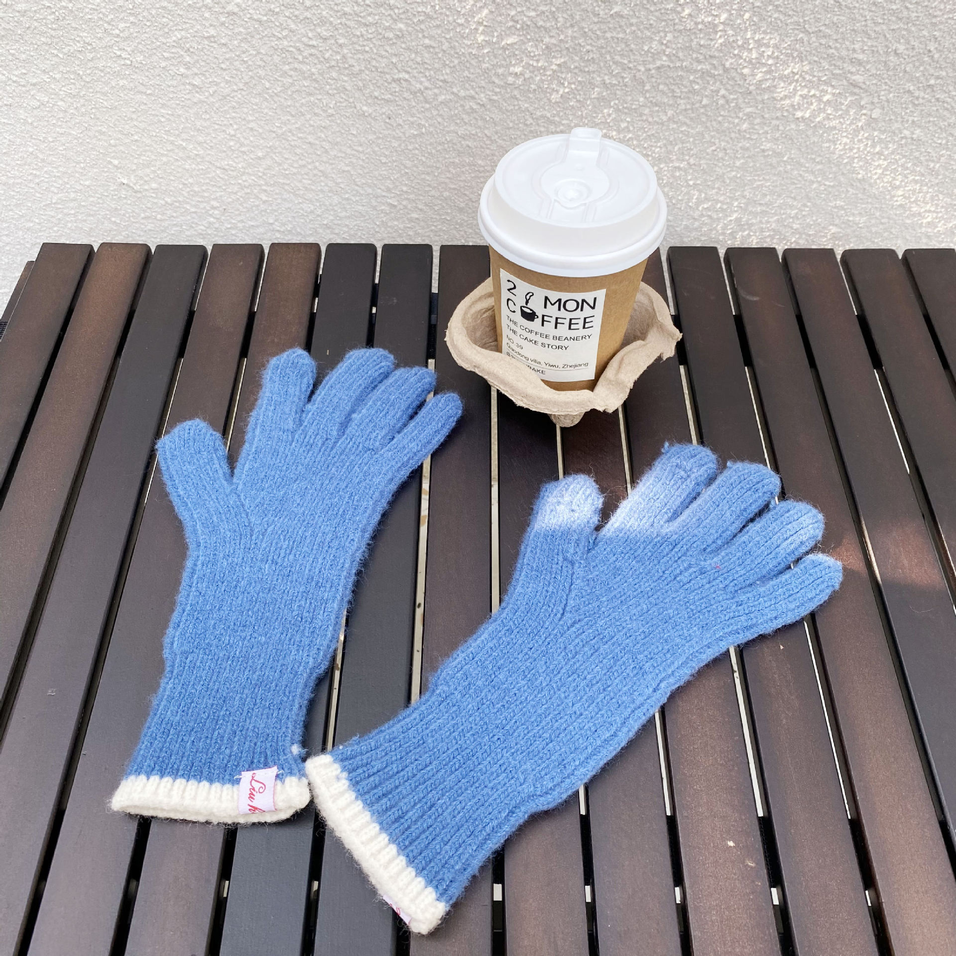 韩国东大门网红针织撞色分指手套破洞可触屏纯色毛线五指手套男女