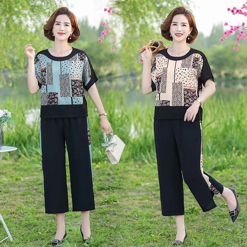 2023 Summer new short sleeve middle-aged and elderly suit female mother's wear plus size high waist cropped wide leg pants two-piece suit fashion image