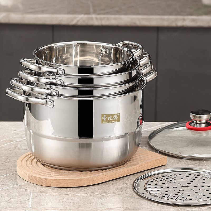 Cross-Border Stainless Steel Pot Set Soup Pot Eight-Piece Set Thickened and Large-Capacity Pot with Two Handles with Plate for Streaming Soup Poy Pot