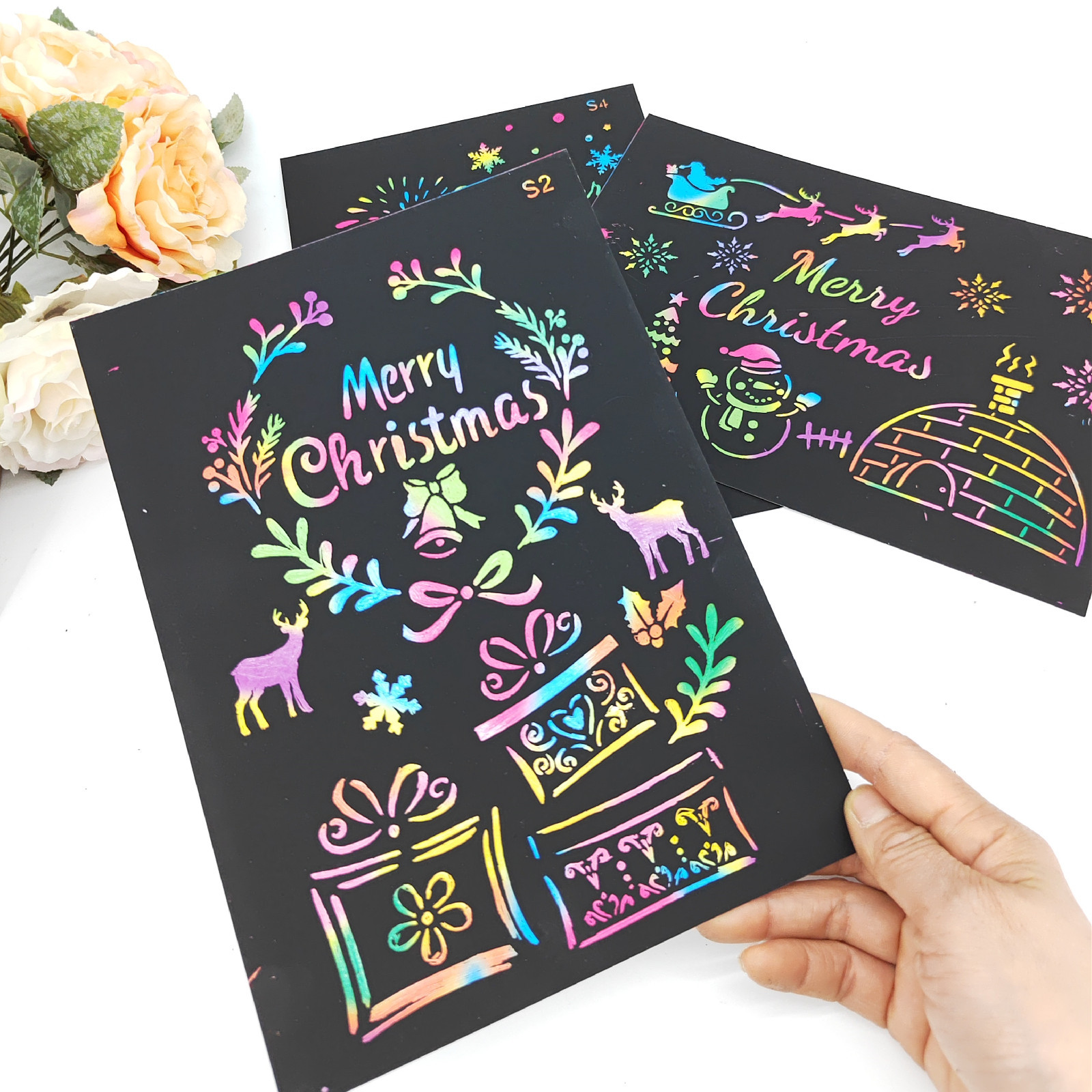 10张炫彩黑底刮画纸板diy创意卡纸绘图绘画美术用品亲子互动涂鸭