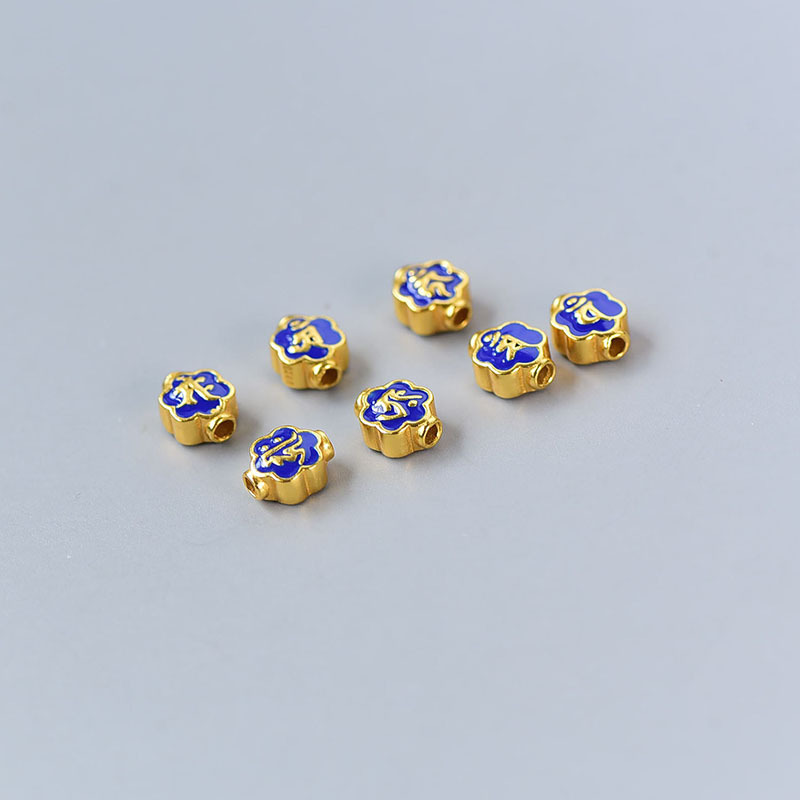 S925 Silver Roasted Blue Dripping Oil Enamel Twelve Zodiac Guardian Buddha Sanskrit Spacer Bead Bracelet Accessories